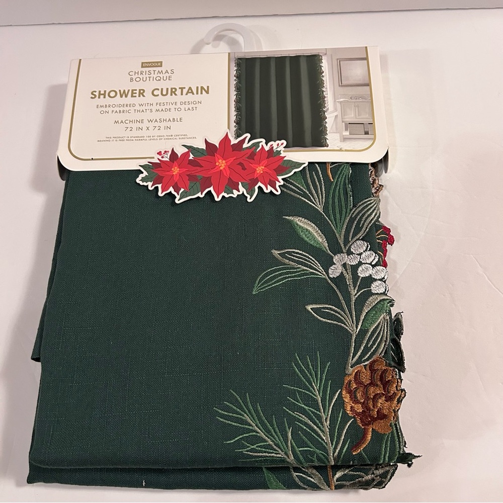 Envogue Christmas Boutique Shower Curtain Green with Red Festive Trim